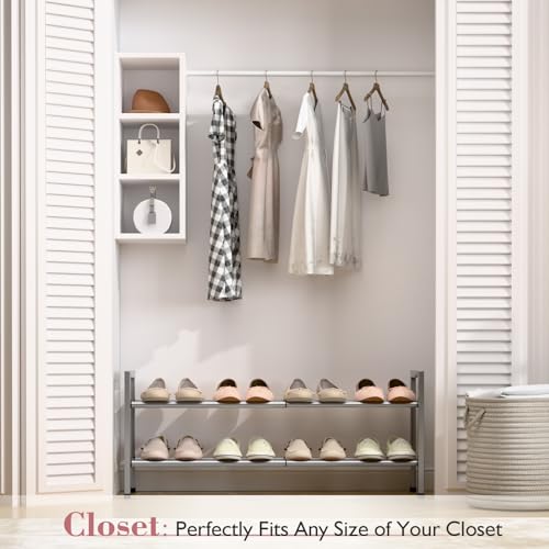 Bumusty 2 Tier Expandable Shoe Rack for Closet, 18“-33” Adjustable Shoe Rack for Small Space, Small Shoe Organizer for Front Door, Sturdy Metal, Light Grey - color: Light Grey, size: 2-Tier