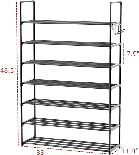 Metal Shoe Organizer,7 Tiers Shoe Storage Shoe Rack with Hooks,Fit 24-30 Pairs,Adjustable Shoe Shelf for Entryway,Hallway,Bedroom,Metal Bottom Support - size: 7 Tier