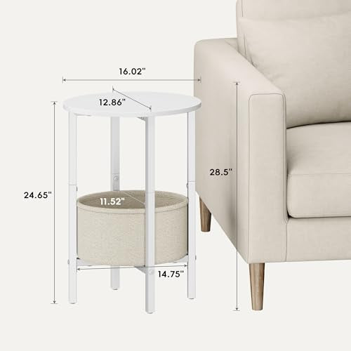 Vagusicc Round Side Table End Table with Storage Basket, Small Side Table Round Nightstand for Small Spaces, Tall Oval End Table with Steel Frame, Coffee Bedside Table for Living Room Bedroom, White - color: White