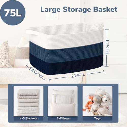 Goodpick Storaget Basket, 21.6" x 14.9" x 11.8", Toy Storage Baskets for Bedroom, Large Baskets for Organizing, Rectangle Woven Rope Basket for Blanket Storage, Blue - color: Light Blue, size: Large(21.6"L x 14.9"W x 11.8"H)