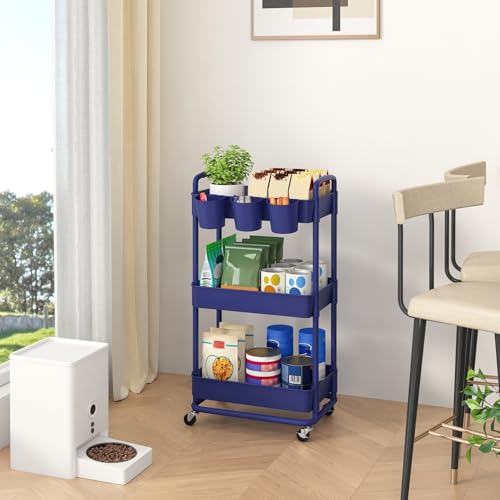 JIUYOTREE 3-Tier Plastic Rolling Storage Cart Utility Cart with Extra Hanging Cups Handles Lockable Wheels for Living Room Bathroom Kitchen Office Blue - color: Blue, size: 3-Tier