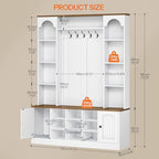 HOOBRO Hall Tree with Bench and Shoe Storage, 51" Entryway Bench with Coat Rack, Farmhouse Entryway Organizer with 5 Hooks, 8 Open Compartments, 9 Shoe Cubbies, for Hallway, White and Walnut WH180MT01