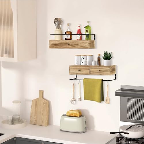 DreamPossible Floating Shelves - Wall Mounted Bathroom Shelf Set of 2 with Drawers, Rustic Wood Shelves for Bedroom, Living Room, Kitchen, Wall Decor, Plants, Books (Brown) - color: Brown, size: 13.8 Inch Long