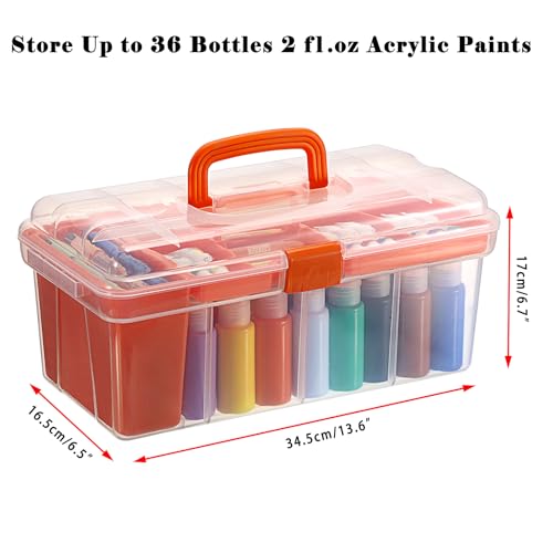 JUXYES Plastic Clear Craft Paint Bottle Storage Box with Divided Tray and Cleaning Cup, Portable Acrylic Paint Storage Organizer Case with Lid, Storage 36 Bottles of 2 fl. oz Acrylic Paints, Orange - color: Orange