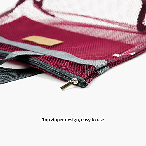 TOPASION Mesh Shower Caddy Bag Portable Hanging Toiletry and Bath Organizer with Zipper for Travel, Gym, Camping, College Dorms, Beach - color: Wine Red