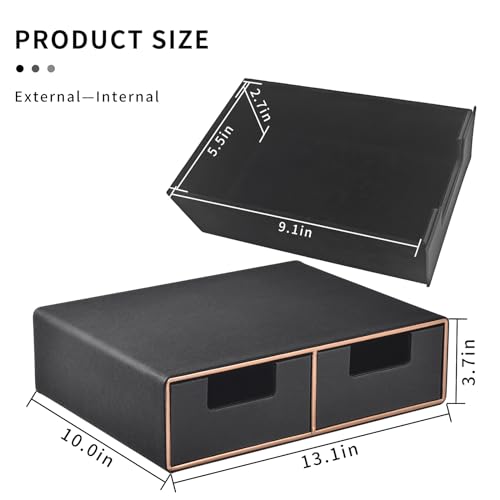 Linen Leather Desk Organizer and monitor stand with Drawers－Mini Desktop Drawer Organizer Stackable－Tabletop Organization Storage Box for Office Supplies Home Vanity Toiletries (Black, 2-drawers) - color: Black
