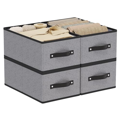 Fabric Storage Boxes, 16.1 × 9.8 × 6.5 Inch Storage Baskets with Handles, Foldable Cube Organizer Bins,Gray, Large, 4-Pack - color: Gray, size: Large -4 Pack