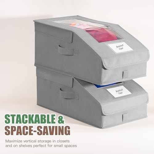 Hat Organizer for Baseball Caps, 4 Pack Stackable Hat Storage Boxes with Clear Window, Holds up to 56 Caps, Foldable Hat Organizer for Closet & Shelf, Grey