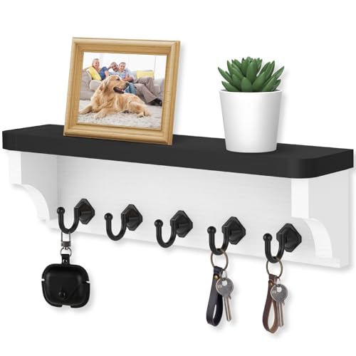 Nekon Key Holder for Wall, 11.8" W x 3.5" H x 2.8" D Decorative Key Organizer with Floating Shelf, Wall Mount Key Rack with 5 Hooks (Black) - color: Black