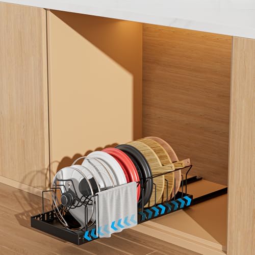Pots and Pans Organizer Under Cabinet, Pull-out Pots and Pans Organizer, Under Cabinet Pot Lid Holder, Sliding type Pots and Pans Storage with 10 Adjustable Dividers & Handle Bracket - Black - color: Black, size: 10 Dividers-1 Pack