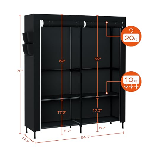 CASAMAYA Portable Closet, 54.3 Inch Large Capacity Wardrobe Closet with Cover, Clothes Storage Organizer with Shelves and 2 Hanging Rods, Easy to Assembly, Black PCT102B01 - color: Black, size: 54.3"L x 17.7"W x 78"H
