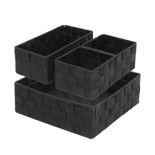 Woven Storage Baskets Set of 4, Stackable Fabric Storage Bins with Metal Frame for Closet, Shelf, Drawer, Nursery, and Office Organization – Polypropylene Organizer Boxes, Black - color: Black, size: 4PCS-without lid