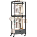 Folews Rolling Clothes Rack, 3 Tier Garment Rack for Hanging Clothes, Metal Wire Wardrobe with Drawer Rods Portable Closet Organizer Freestanding Clothing Shelf with Wheels, Black - size: 13.3"D x 23.2"W x 70.8"H