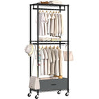 Folews Rolling Clothes Rack, 3 Tier Garment Rack for Hanging Clothes, Metal Wire Wardrobe with Drawer Rods Portable Closet Organizer Freestanding Clothing Shelf with Wheels, Black - size: 13.3"D x 23.2"W x 70.8"H