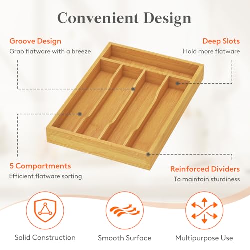 Lifewit Silverware Drawer Organizer, Utensil Tray for Kitchen, Flatware and Cutlery Holder, Storage for Spoons Forks Knives, 6.7 x 12", Natural - size: 6.7"W x 12"D