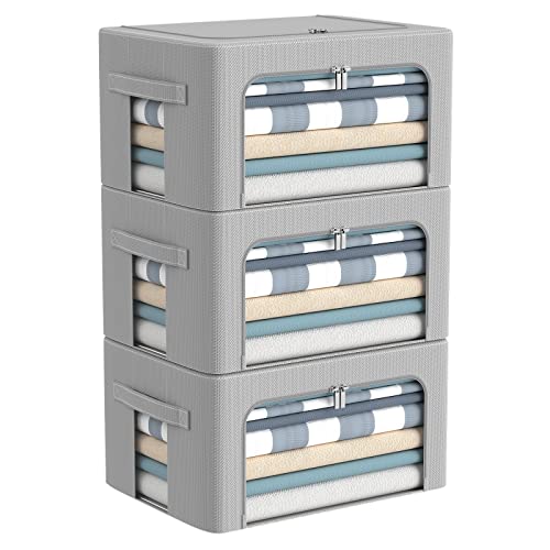 CYhom 3Pack Frame Storage Box - Clothes Storage Bin Bags Oxford Fabric Foldable Stackable Container Organizer Set with Clear Window & Carry Handles Large Capacity (Grey, Small-22L) - color: Grey, size: Small-22L