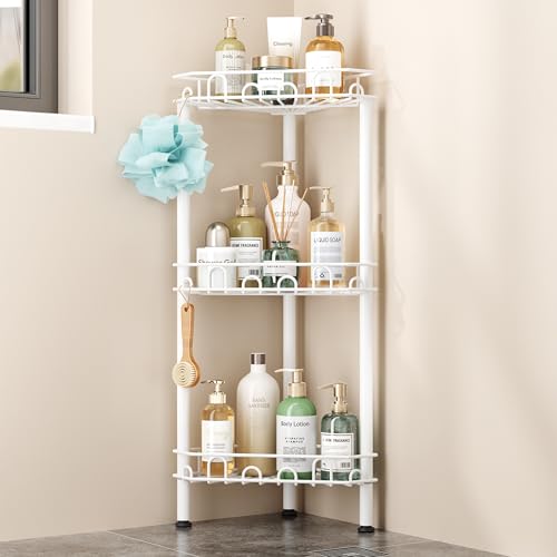 SWTYMIKI Standing Shower Caddy Corner - 3‑Tier Stainless Steel Shower Organizer Shelf with 12 Hooks and Adhesive Pads, Rustproof Corner Shelves Stand Rack for Bathroom Shower Room, white - color: White