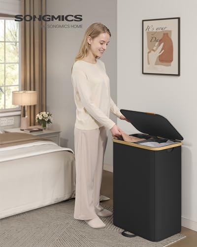 SONGMICS Laundry Hamper, Laundry Sorter with Lid, Storage Basket Bin, Removable Liners, Bamboo Frame, for Bedroom, 2 Sections, 39.6 Gal. (150 L), Ink Black ULCB532BH01 - color: Ink Black, size: 150 L (2-Section)