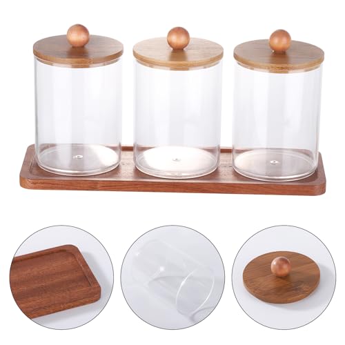 Tbestmax Qtip Holder with Vanity Tray, Clear Bathroom Containers Dispenser for Storage Cotton Swab/Ball/Pad Holder Wood Lids - color: Group A-Brown Bamboo