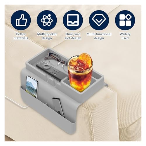 Sofa Cup Holder Silicone Sofa Armrest Tray with Side Pocket Dual Slot Beverage Storage Phone Remote Control Organizer(Black) - color: Black