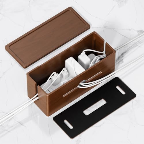 Extra Large Cable Management Box – Brown Double Layer Wooden Cord Organizer with Divider for Desk, TV Stand, Kitchen, and Office （NO Power Strips or Chargers）