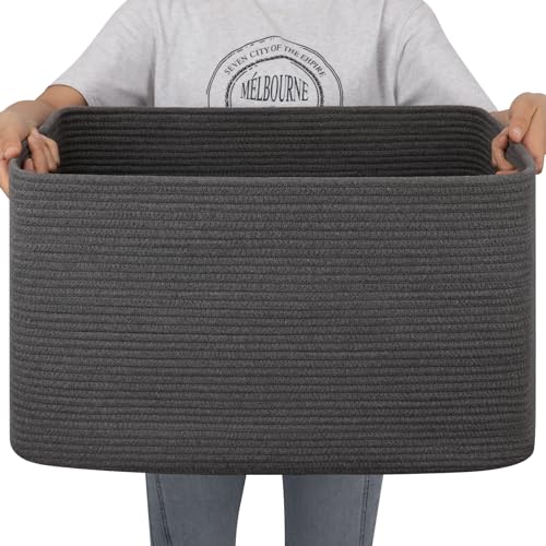 OIAHOMY Large Blanket Basket,Storage Basket with Handle, Blanket Basket for Living Room, Rectangle Woven Cotton Rope Basket for Bedroom, Toy Baskets Organizer Bins, 22" x 17" x 12" in, Dark Grey - color: Dark Grey, size: 22”x17”x12”