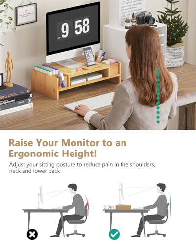 Ufine Bamboo Monitor Stand with Storage Compartments Ergonomic Computer Laptop Riser Small Space Organizer for Home Office