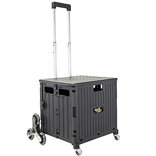 dbest Products Quik Cart Stair Climber Wheeled Rolling Crate Teacher Utility with seat Heavy Duty Collapsible Basket with Handle, 18" D x 17" W x 39" H, Black - color: Black, style: Stair Climber
