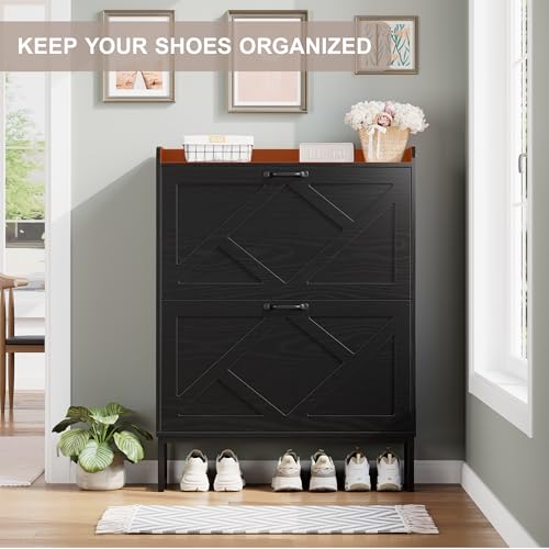 Nicetree Shoe Storage Cabinet with 2 Flip Drawers, Freestanding Shoe Organizer, Shoe Cabinet with Metal Legs, Farmhouse Slim Shoe Cabinet for Entryway, Foyer, Hallway, Black - color: Ebony, style: 2-Drawers