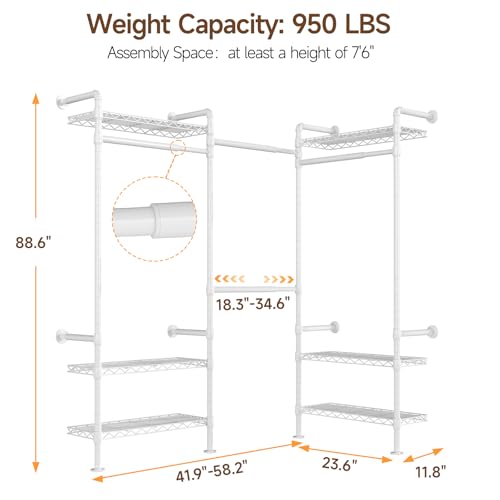 ONBRILL L3 Wall Mounted Industrial Pipe Closet System, Corner Closet Organizers with 4 Telescopic Rods & 6 Shelves, Heavy Duty Clothing Clothes Rack in Wardrobe Closet (White) - color: White