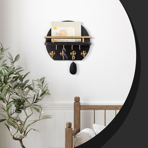 Nekon Key Holder for Wall - 9.8 Inch Apartment Wall Decor with Shelf and 8 Key Hooks, Circular Wood Key Hanger for Home Decor (Black with Golden Hooks) - color: Black&Gold