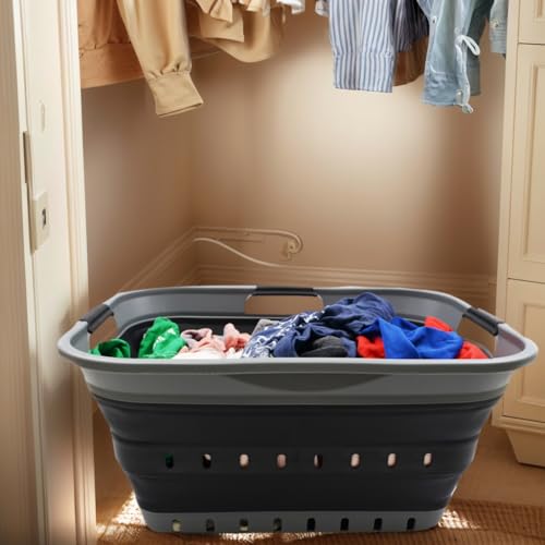 SAMMART 42L Collapsible Plastic Laundry Basket - Foldable Pop Up Storage Container/Organizer - Space Saving Hamper/Basket (1, Grey/Black) - color: Grey/Black