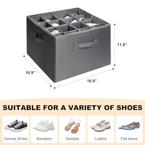 Fabric Shoe Organizer for Closet, Foldable Shoe Storage Bins with Clear Cover, Shoe Container with Adjustable Dividers, Fits up to 16 Pairs, Gray