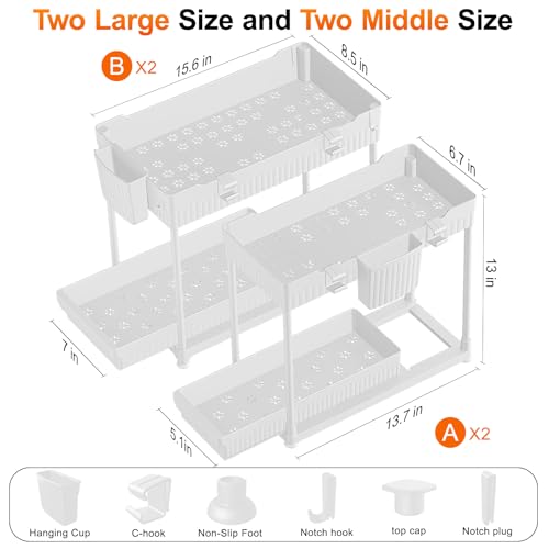 Sevenblue Under Sink Organizer, Bathroom Organizers and Storage, 2 Tier Multi-Use Pull Out Cabinet Organizer with Hang Hooks and Cups (White, 4 Pack) - color: White, size: 12.8 Inch