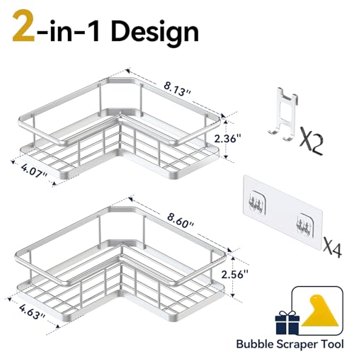 YASONIC Shower Caddy Corner, 2-Pack Adhesive Rustproof Stainless Steel Shower Shelves with Soap Holder, No Drilling Shower Organizer Corner for Dorm, Renters Bathroom Silver - color: Silver, size: 2Pack