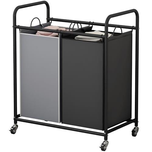 SUOERNUO Laundry Hamper Basket 2 Bag Laundry Sorter Cart with Rolling Lockable Wheels and Removable Bags Laundry Organizer Cart for Clothes Storage - color: Black+Grey, size: 2 Bags