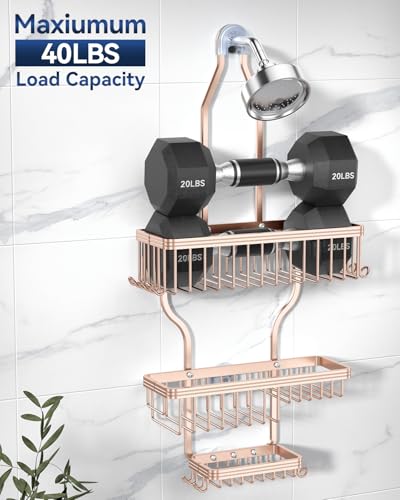 YASONIC Shower Caddy Hanging - Never Rust Shower Organizer - Aluminum over The shower head caddy with 10 Hooks for Razor/Sponge - Shower Rack with Soap Basket - Rose Gold - color: Rose Gold