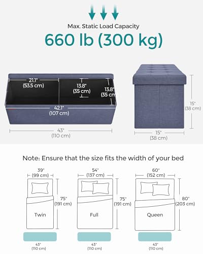 SONGMICS MAZIE Collection - 43 Inches Folding Storage Ottoman Bench, Ottoman Foot Rest, End of Bed Bench, Storage Chest, Load 660 lb, for Living Room, Bedroom, Entryway, Misty Blue ULSF077Q01 - color: Misty Blue, size: 15"D x 43"W x 15"H