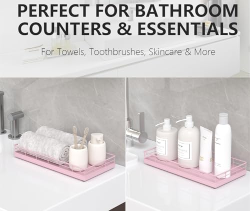 Toilet Paper Basket Organizer – Oak Wood Toilet Tank Tray with Metal Frame, Bathroom Counter Top Storage for Toilet Paper, Wipes & Decor, Modern Narrow Back of Tank Shelf Organizer, Pink - color: Pink, size: 13" x 6.5" x 2"