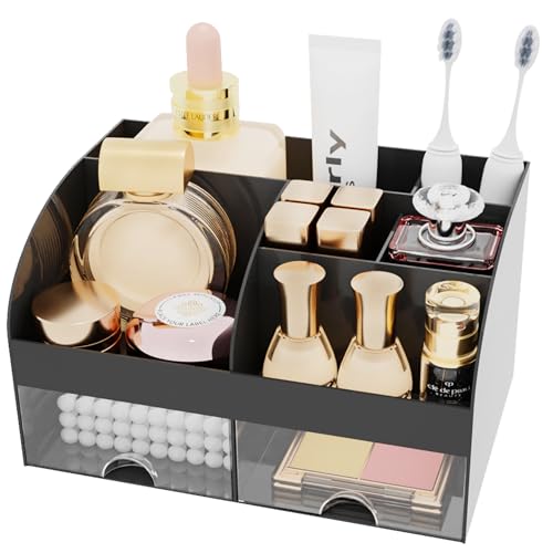 Makeup Organizer with 2 Drawers, Cosmetic Storage for Dresser Vanity and Bathroom Countertop,Make up organization and Skincare Storage with Beauty Brush Holder, Cosmetic Display Case (Black) - color: Black