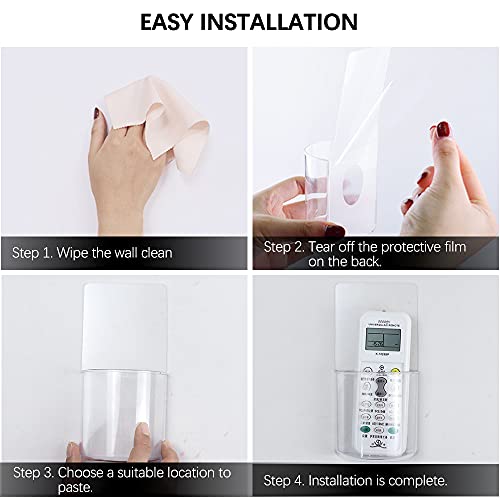 4 PCS Remote Control Holder, Wall Mount Self-Adhesive Transparent Media Organizer Universal No Drilling Storage Box Clear Remote Holder for Bedroom, Table, Nightstand