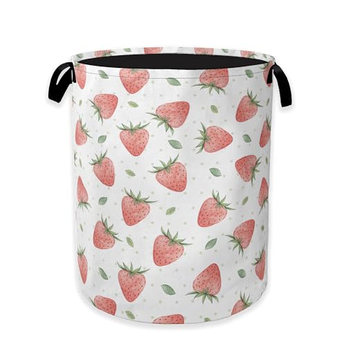 Watercolor Pink Strawberry Laundry Hamper,Green Leaves Collapsible Laundry Baskets,Waterproof Oxford Cloth Laundry Room Organization for Bedroom,Bathroom,Nursery,16x20 Inch - color: Watercolor Pink Strawberry