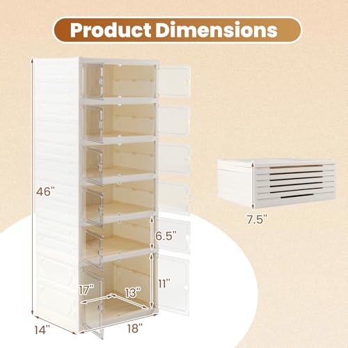 GOFLAME Foldable Shoe Rack Organizer, 6-Tier 12 Pairs Collapsible Shoe Cabinet with Magnetic Clear Doors, Portable Shoe Storage Box, Stackable Shoe Shelf for Closet, Entryway, Easy Assembly