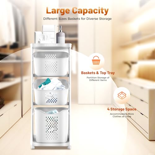 3 Tier Rolling Laundry Basket Vertical laundry hamper Sorter Cart with Wheels and Breaks Bathrooms Clothes Hamper 3 Section laundry organizer for Kitchens, Bedrooms, Laundry Rooms