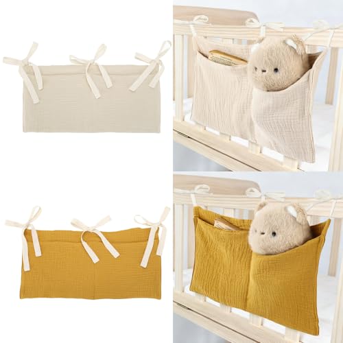 Cinaci 2pcs Cotton Pram Stroller Caddy Baby Crib Hanging Organizers Storage Pockets Nappy Diaper Bags Bedside Pockets for Milk Bottle/Soothing Toys/Wipes (Cream Set) - color: Cream and Ginger Set