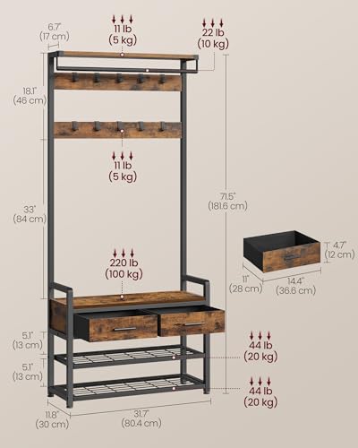 VASAGLE Hall Tree with Bench and Shoe Storage, Entryway Coat Rack with Shoe Bench, 2 Fabric Drawers, 10 Hooks, 11.8 x 31.7 x 71.5 Inches, Vintage Brown and Ink Black UHSR429B01 - color: Vintage Brown + Ink Black