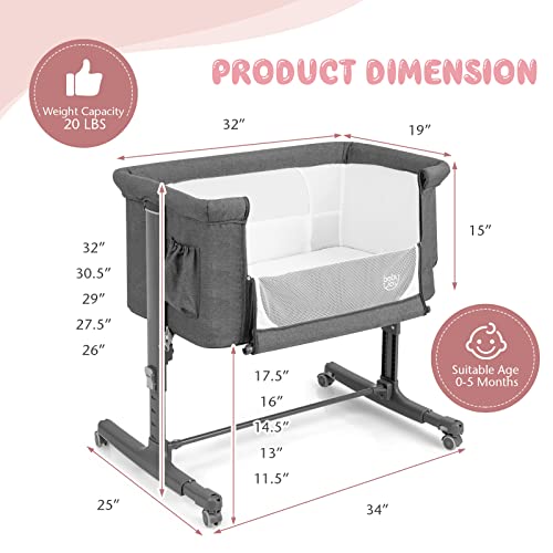 BABY JOY Bassinet Bedside Sleeper, 3 in 1 Folding Crib w/Adjustable Height, Mattress, Lockable Wheels, Storage Pocket & Carry Bag for Infant Newborn, Stationary & Rock, Portable Baby Bassinet (Grey) - color: Grey