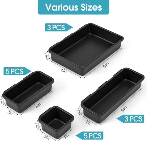 16 PCS Drawer Organizer Set, 4 Size Makeup Drawer Divider Organizer With Non-Slip Pads, Interlocking Plastic Storage Bins for Office,Jewelry Vanity,Gadgets, Bathroom,Kitchen, Black - color: Black, size: 16Pack