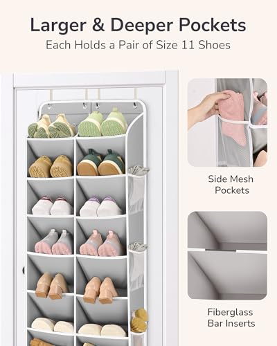 ULG Over The Door Shoe Organizer for Closet Fit 24-32 Pairs with Large Deep Pockets, Narrow Shoe Rack for Door Hanging Boots Storage, Black - color: Grey, size: 10-Tier