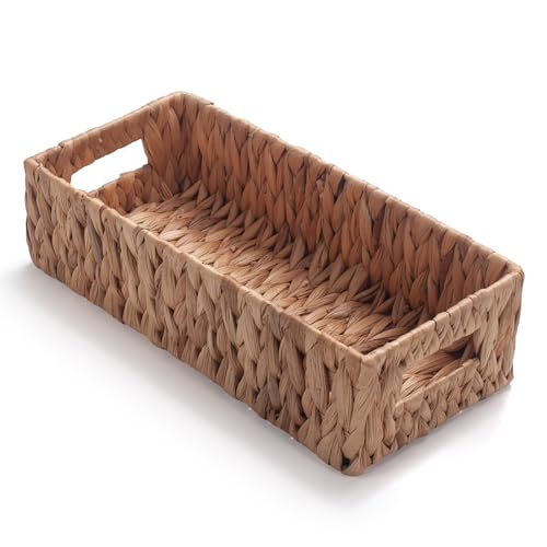 Toilet Paper Basket for Back of Toilet Water Hyacinth Long Narrow Wicker Bathroom Storage Basket with Built-in Handles 14.2 x 6.5 x 3.7 inch